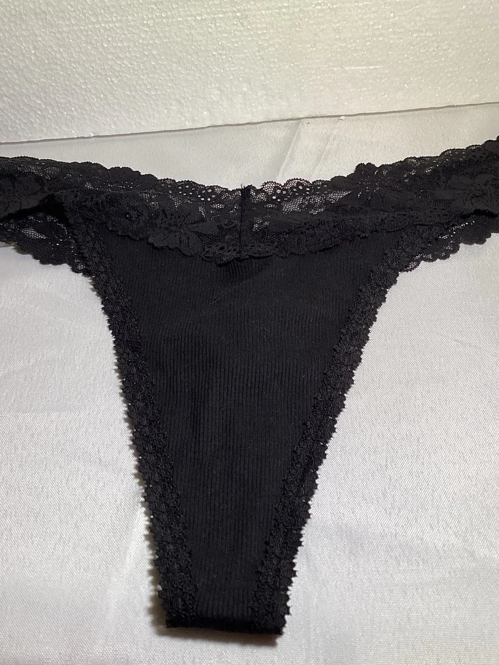 PINK Victoria's Secret Black Ribbed Lace Trim Thong